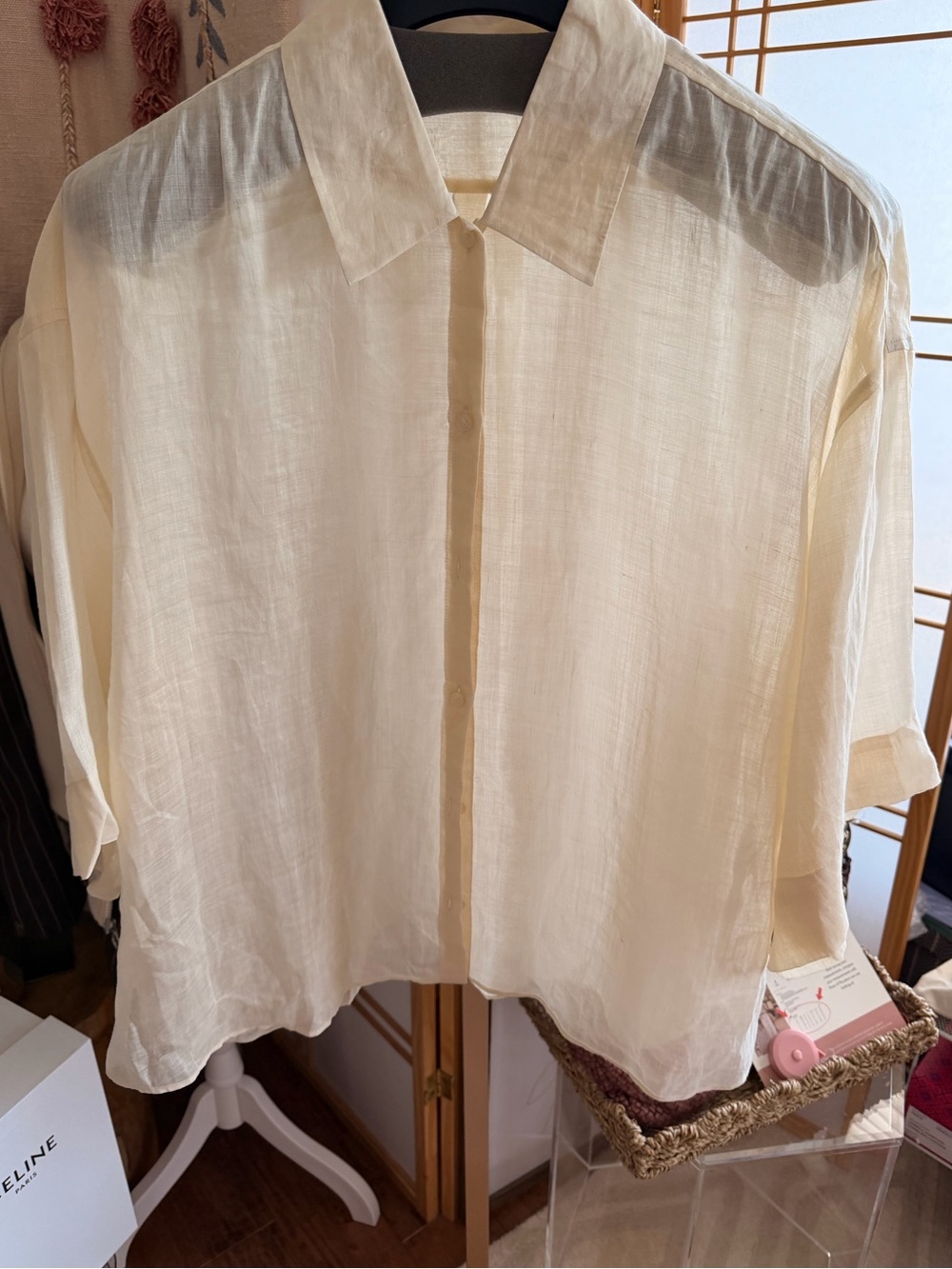Massimo Dutti 100% Ramie Sheer Button Front Blouse Ivory Cream Size M